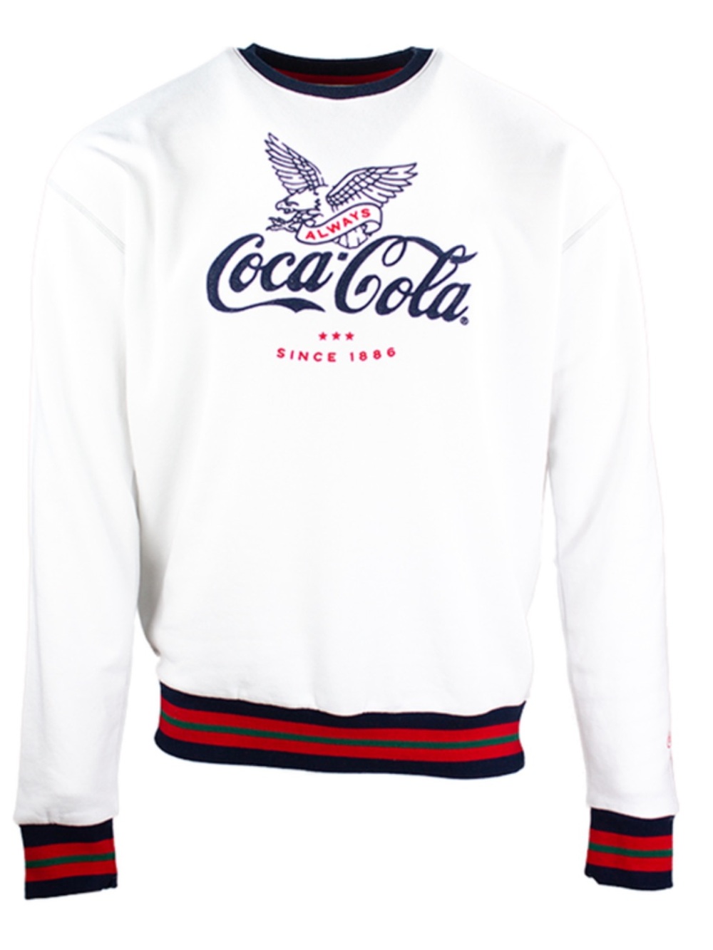 Coca Cola Ringer Crew White Unisex Sweatshirt with Navy and Red Logo